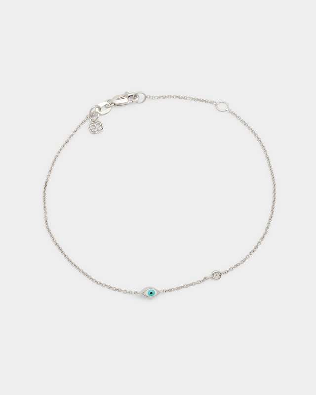 14k White Gold Mini Enamel Evil Eye Bracelet w/ Diamond